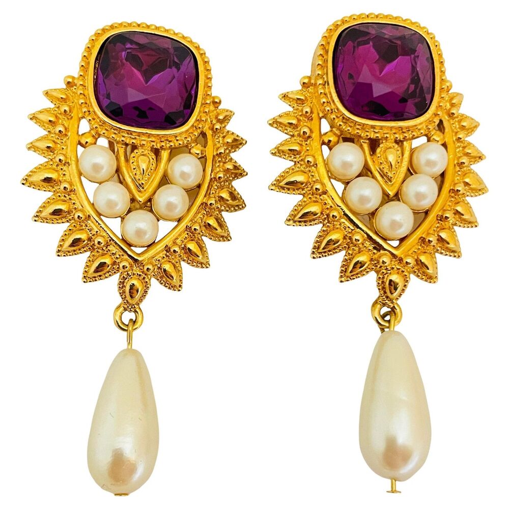 BARRERA for AVON signed gold amethyst pearls designer runway clip on earrings